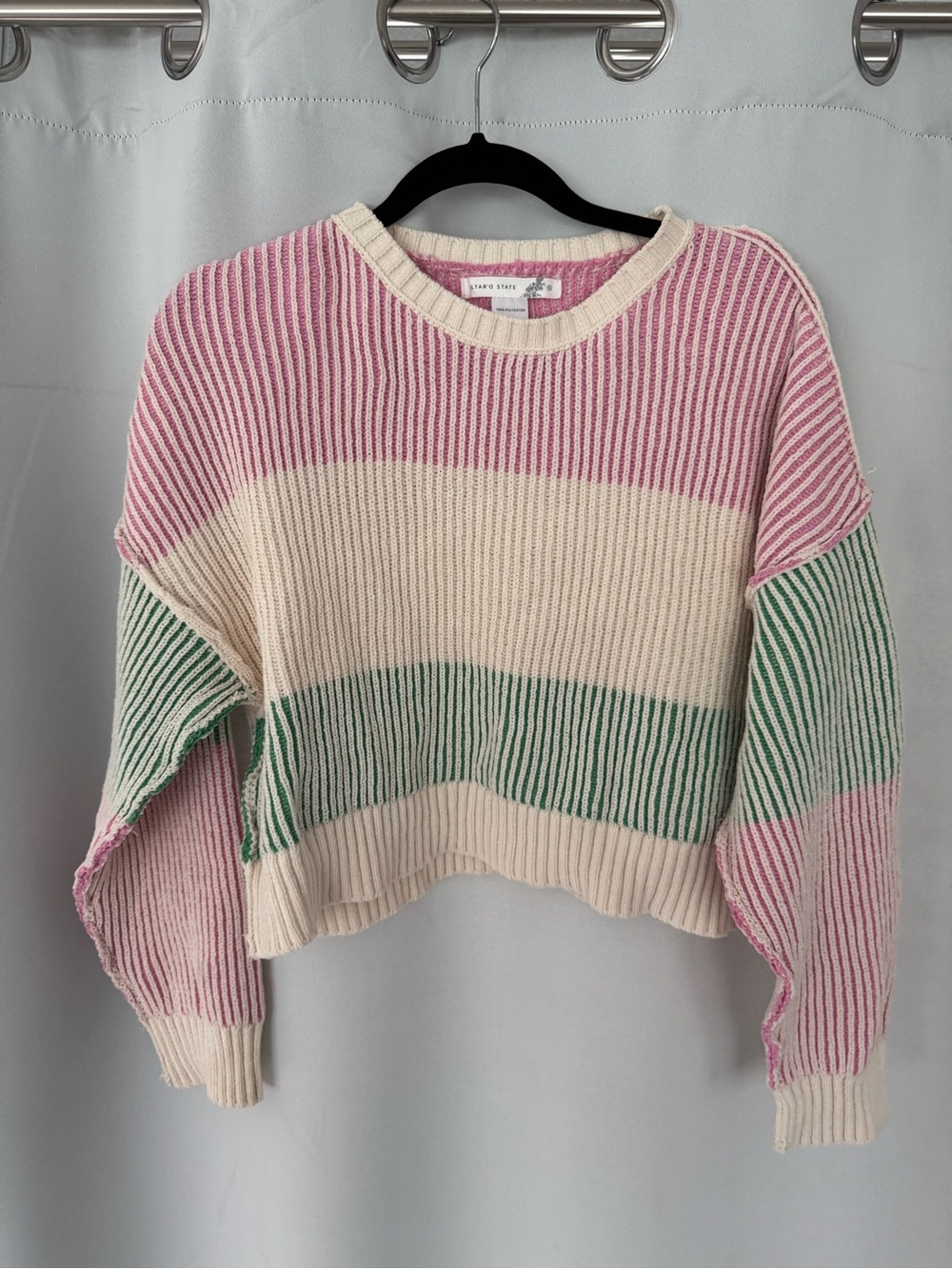 Altar'd State Pink Cream Green Striped Ribbed Crew Sweater